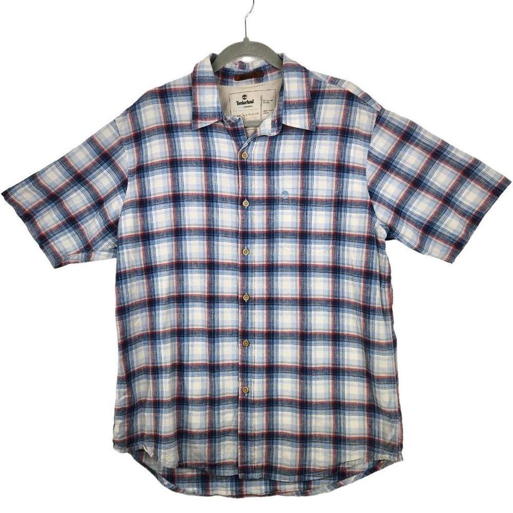 Timberland Linen‎ Blend Shirt Men's Large Blue Plaid Short Sleeve Button Front